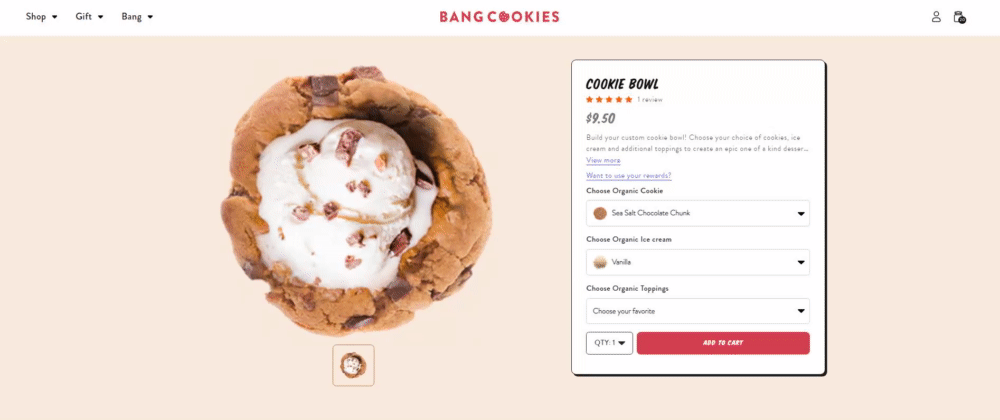 Product display page of Bang Cookies - multiple choices